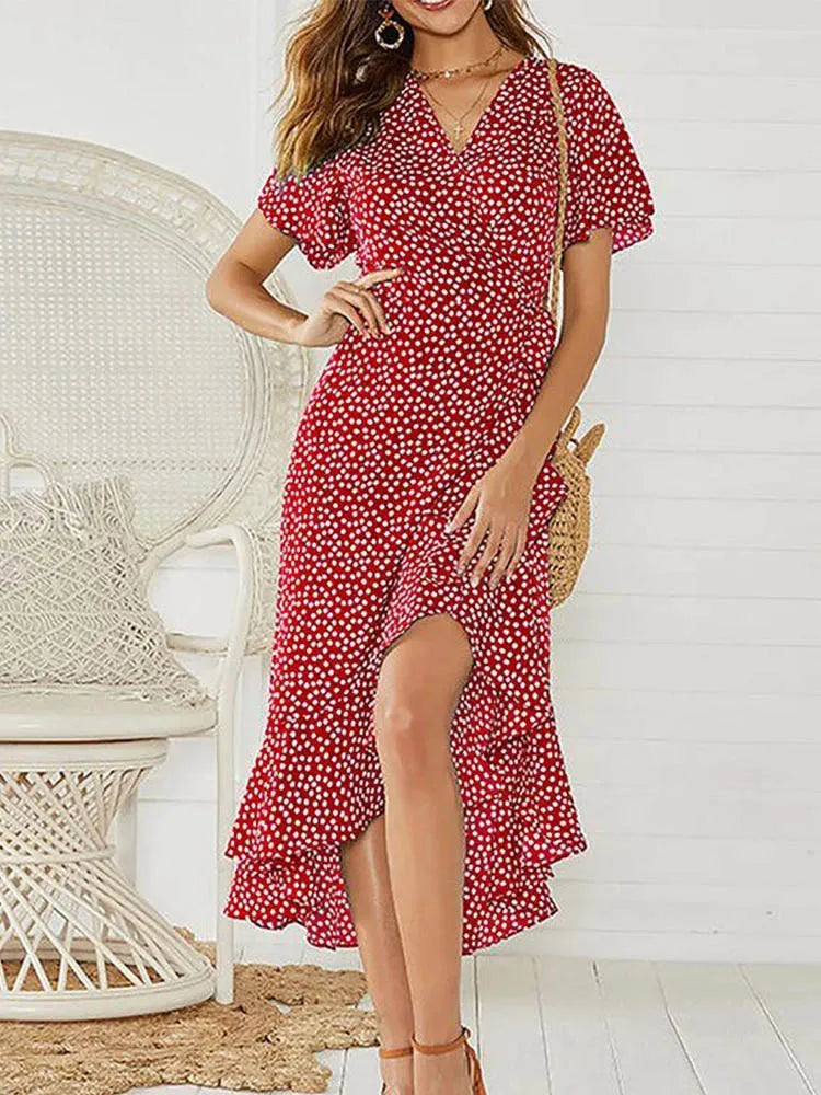 Floral Print Boho Maxi Dress Chiffon Wrap V Neck Ruffles