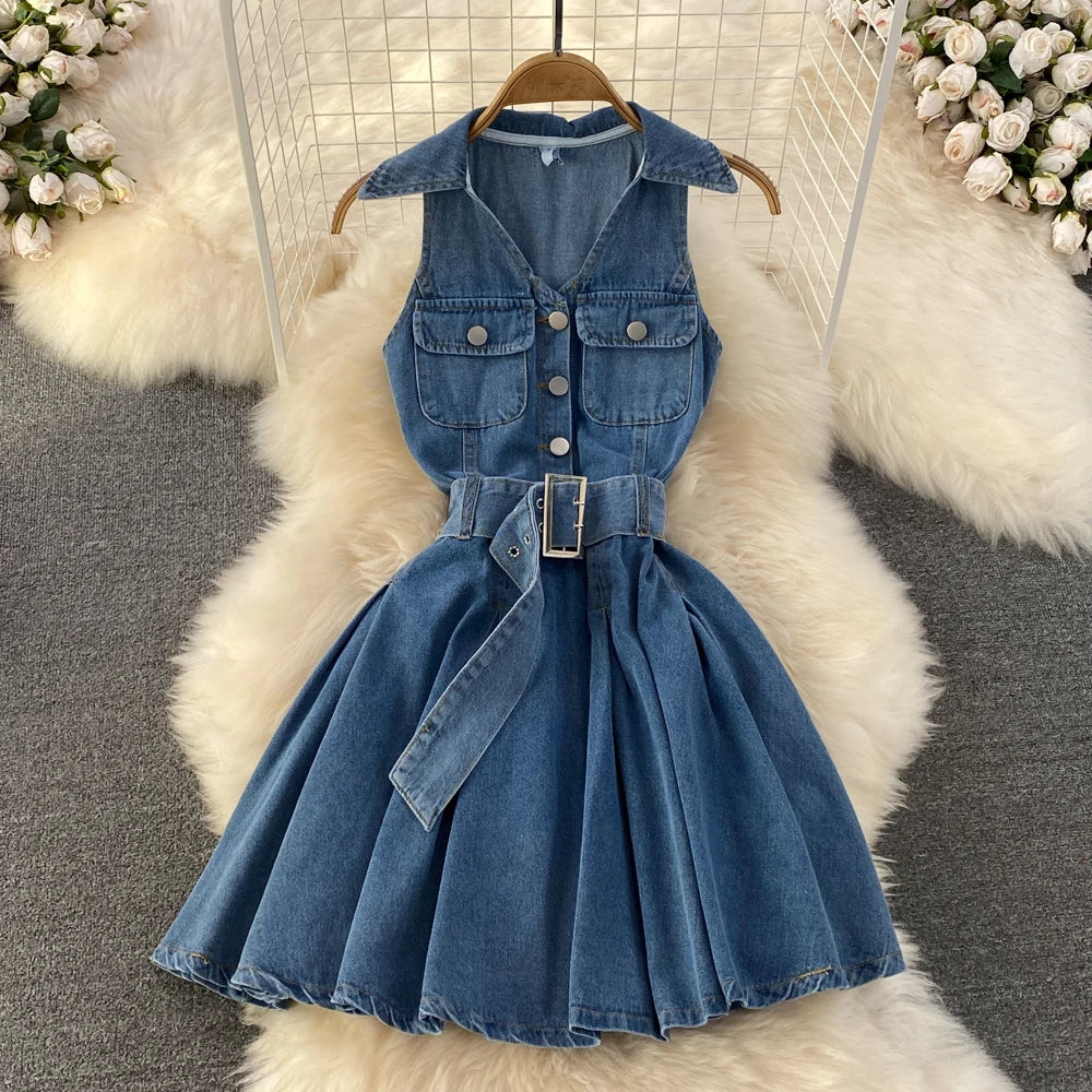 Youth Denim Dress V Neck With Belt Pleated Girls Style