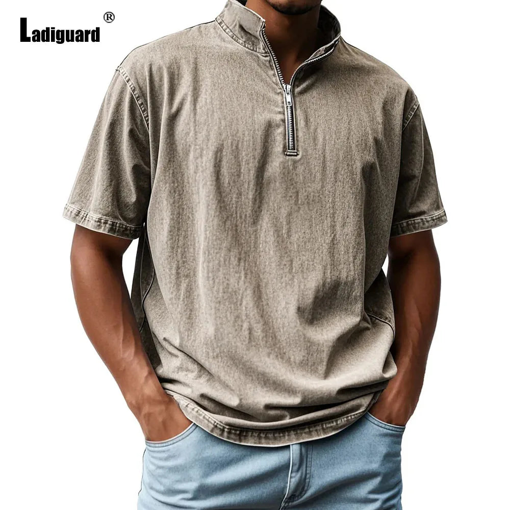 Men Short Sleeve Zipper Fly T Shirt Basic Vest Top