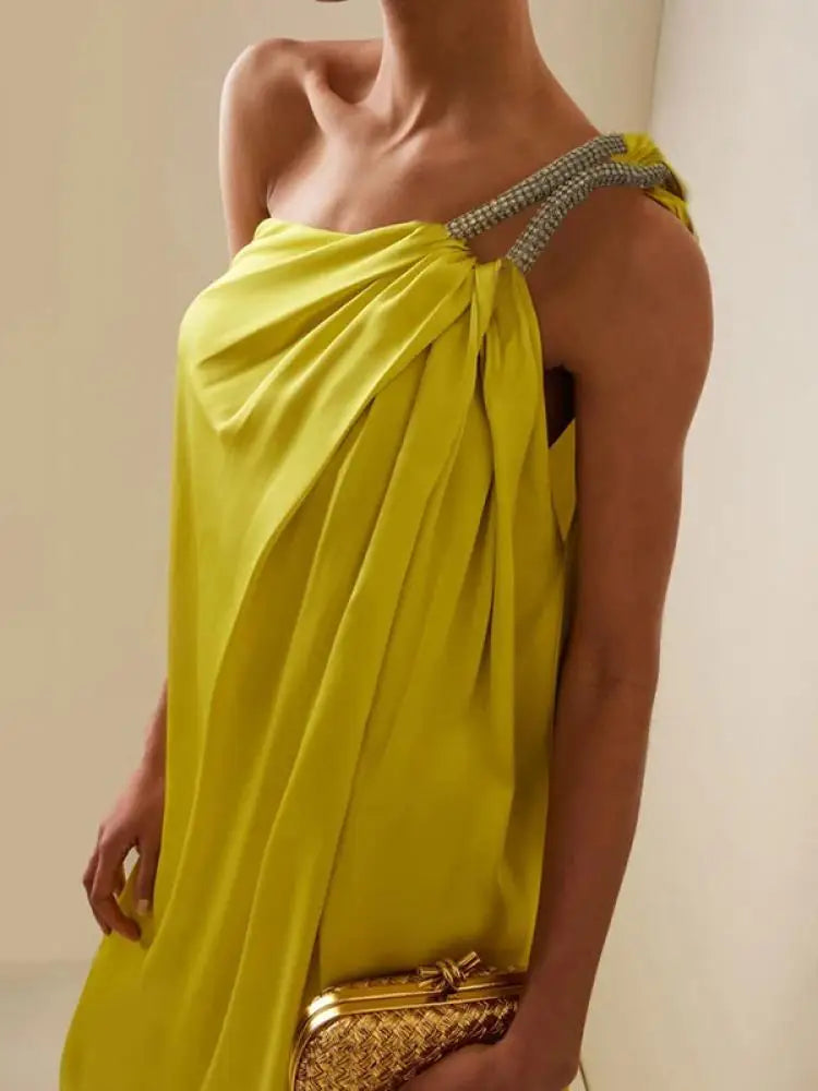 One Shoulder Halter Prom Dress With Pleated Split Side