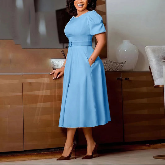 African Women O Neck Short Sleeve Belted Pleated Midi Dress
