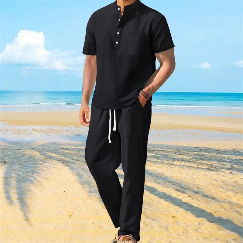 Mens Casual Henley Set With Drawstring Pants Outfit
