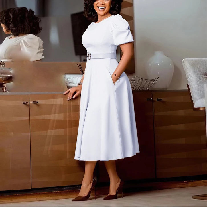 African Women O Neck Short Sleeve Belted Pleated Midi Dress