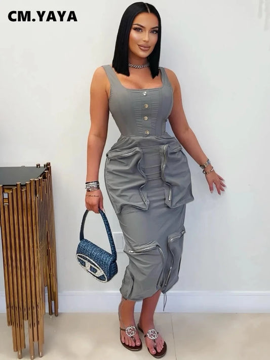 CM.YAYA 2025 Summer O-neck Mult Pockets Cargo Midi Long Dress Women Sleeveless Casual Bodycon Night Club Party Dresses Vestidos
