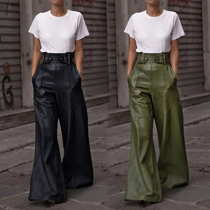 High Waist Wide Leg Leather Pants for Women