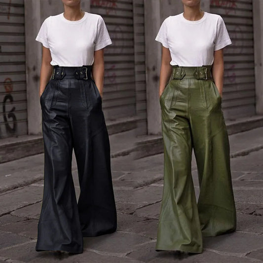 High Waist Wide Leg Leather Pants for Women