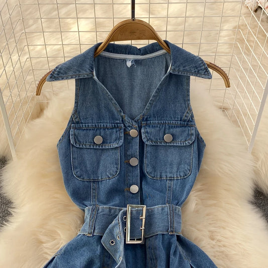 Youth Denim Dress V Neck With Belt Pleated Girls Style