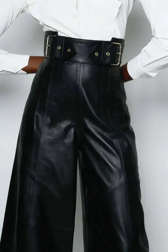High Waist Wide Leg Leather Pants for Women