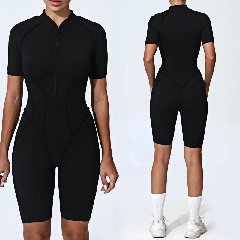 Zipper Short Sleeve Fitness Jumpsuit for Women Gym Workouts