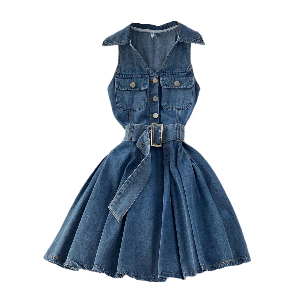 Youth Denim Dress V Neck With Belt Pleated Girls Style