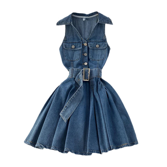 Youth Denim Dress V Neck With Belt Pleated Girls Style