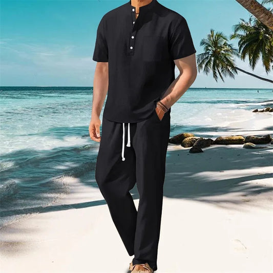 Mens Casual Henley Set With Drawstring Pants Outfit