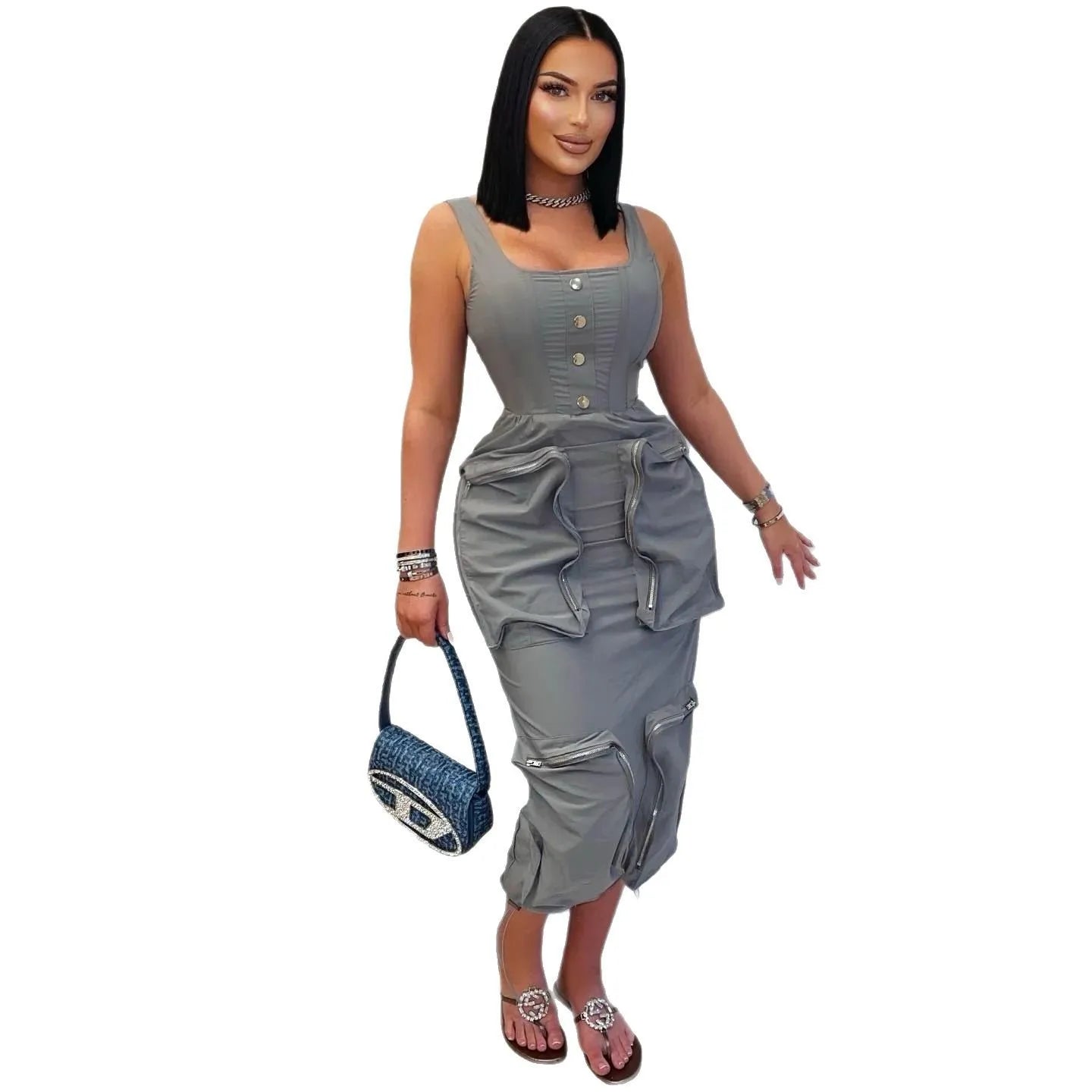 O Neck Pockets Cargo Midi Sleeveless Dress Women Night Club