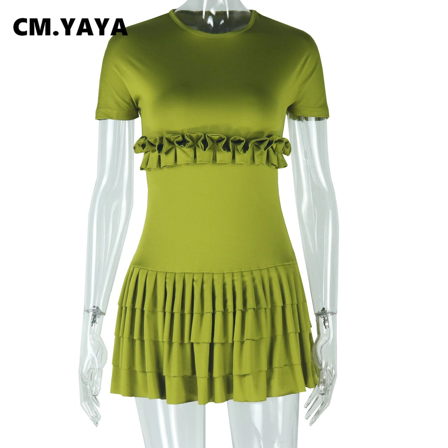 CMYAYA Women Short Sleeve O Neck Ruched Ruffles Mini Dress
