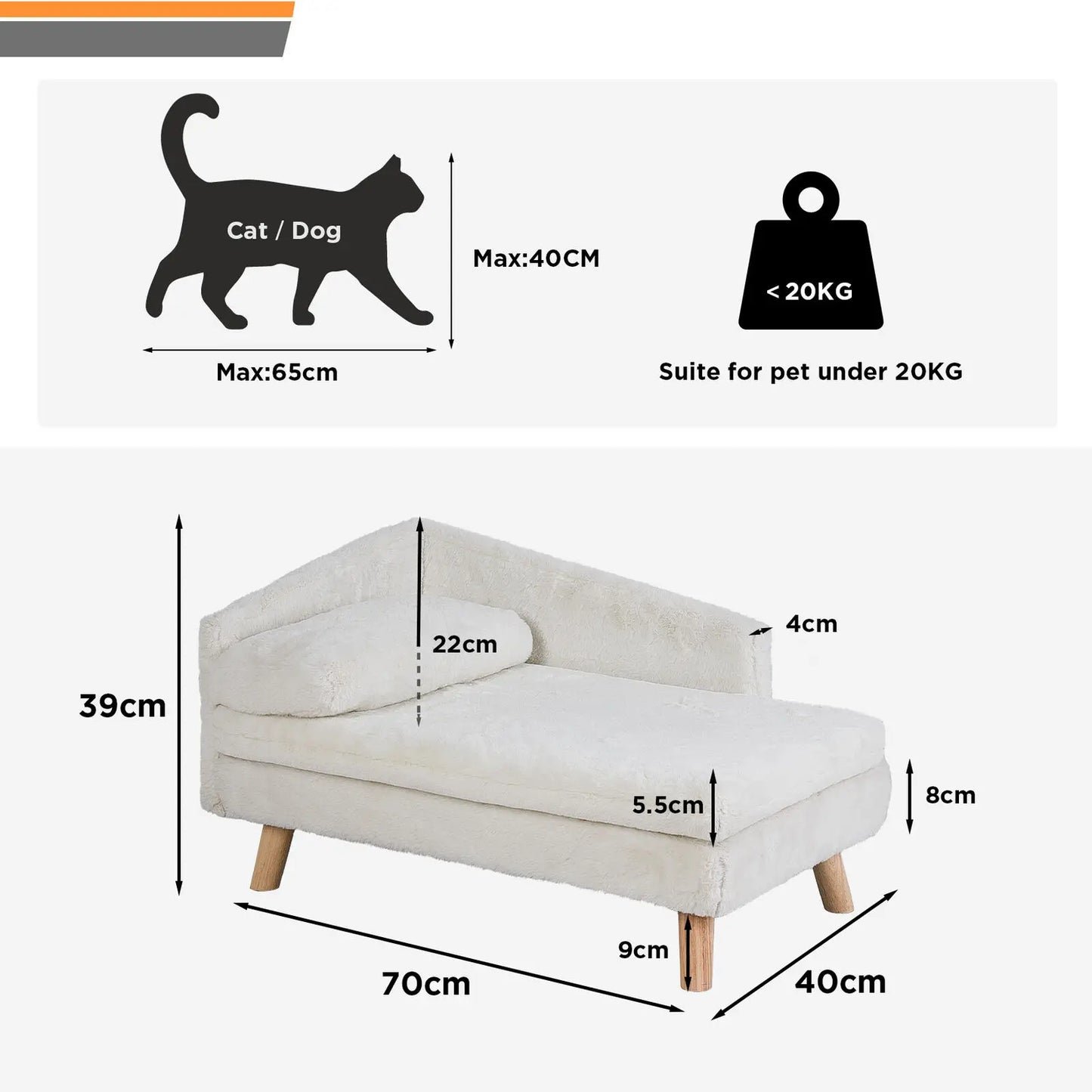 Elevated Pet Bed Solid Wood Leg Dog Cat Sofa for Indoor L Shape Plush Couch