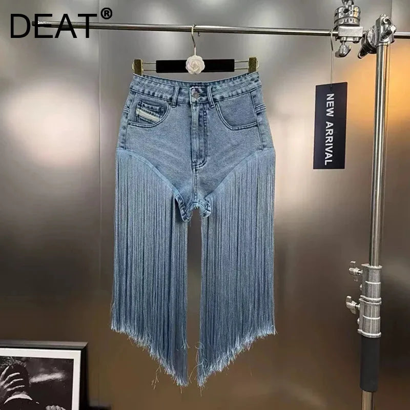 High Waist Tassel Patchwork Denim Shorts For Women Casual