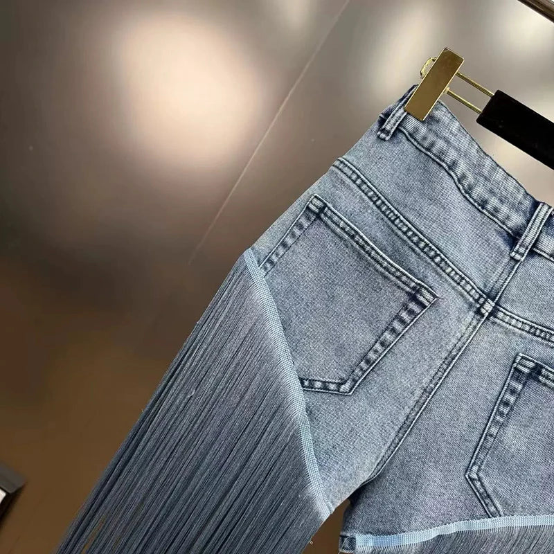 High Waist Tassel Patchwork Denim Shorts For Women Casual