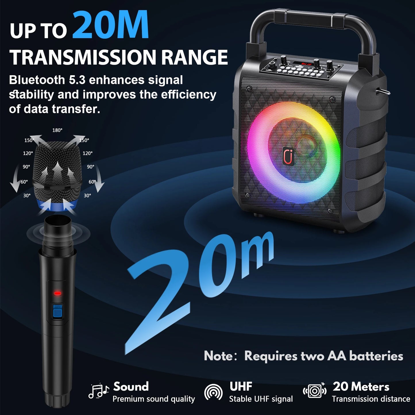 Bluetooth Karaoke Machine with Wireless Microphones and LED Light