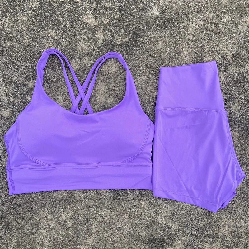 Women Yoga Set Cross Back Bra Top High Waist Shorts