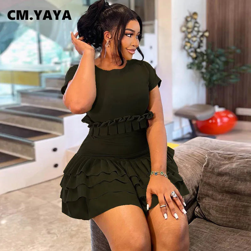 CMYAYA Women Short Sleeve O Neck Ruched Ruffles Mini Dress
