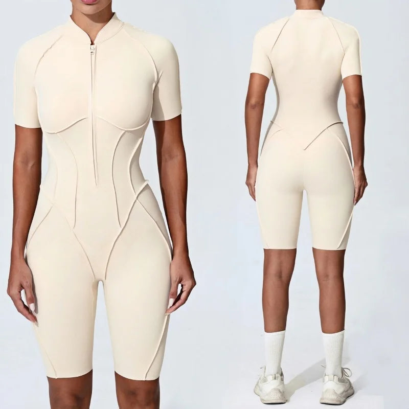 Zipper Short Sleeve Fitness Jumpsuit for Women Gym Workouts