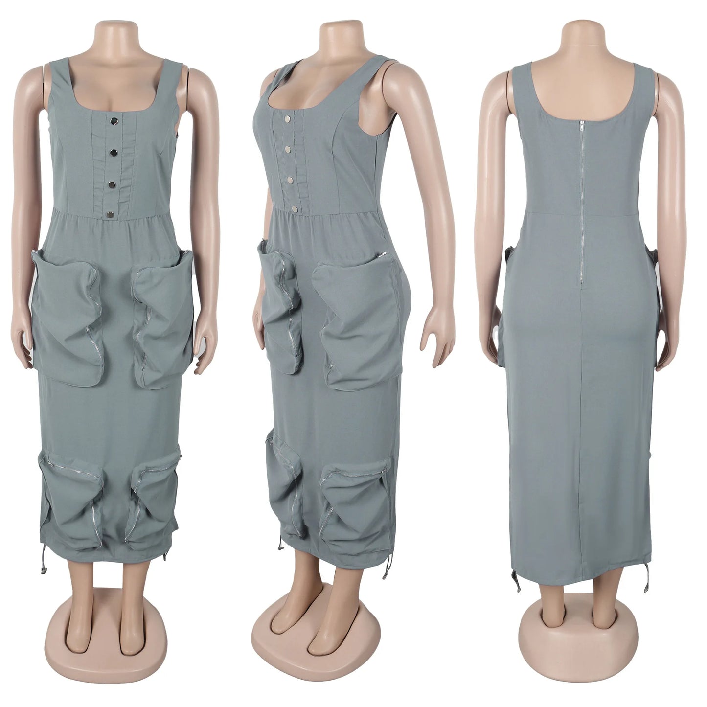 O Neck Pockets Cargo Midi Sleeveless Dress Women Night Club