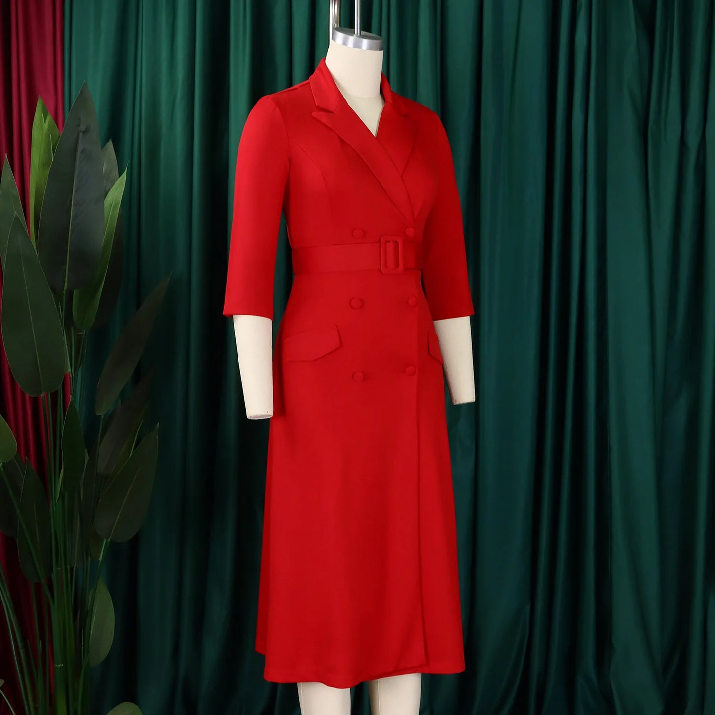 Notched Neck Elegant Midi Dress With Belt For Work Party