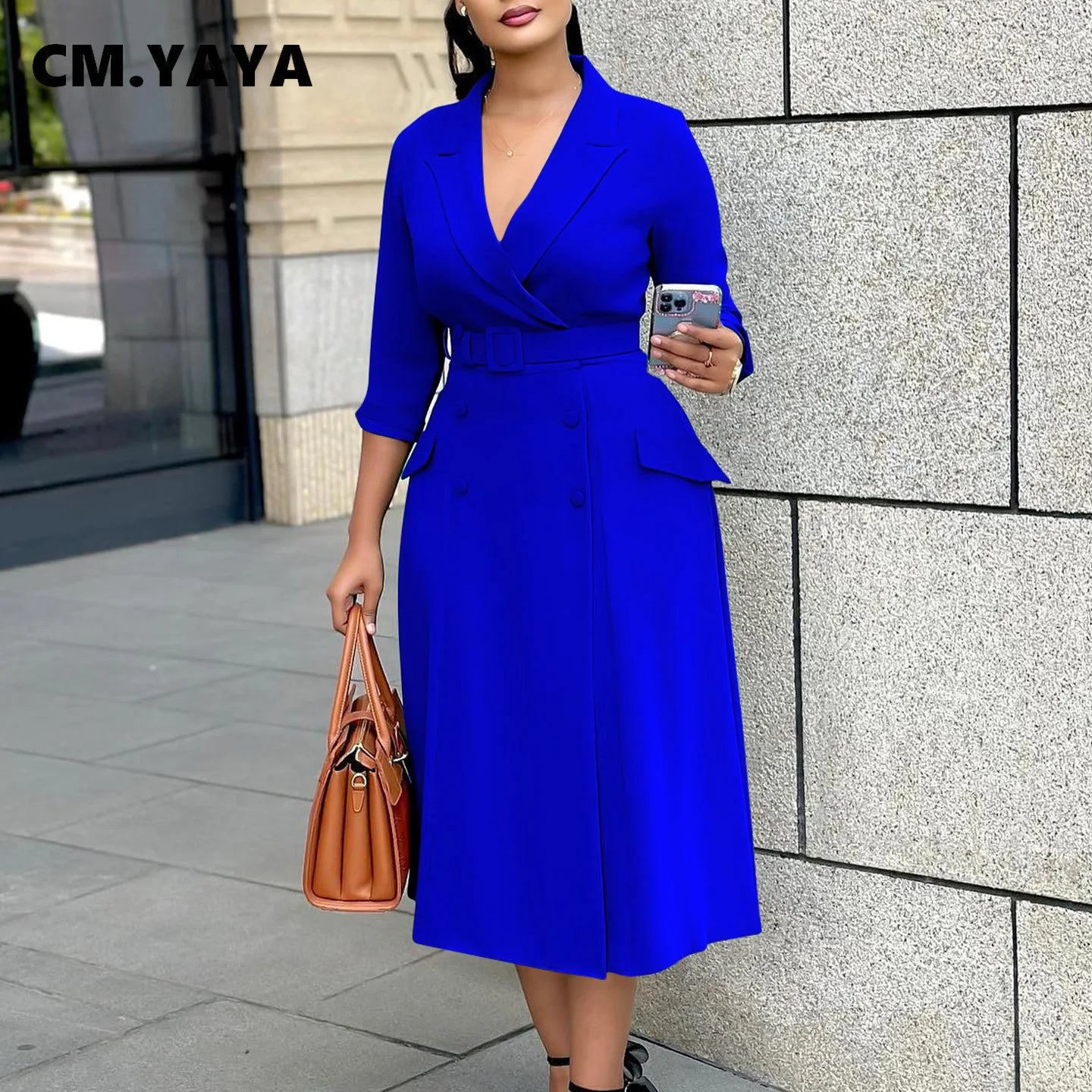 Notched Neck Elegant Midi Dress With Belt For Work Party