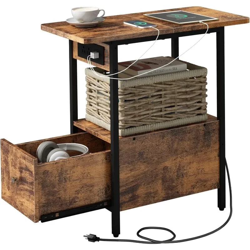 End Table with Charging Station and Spacious Drawer