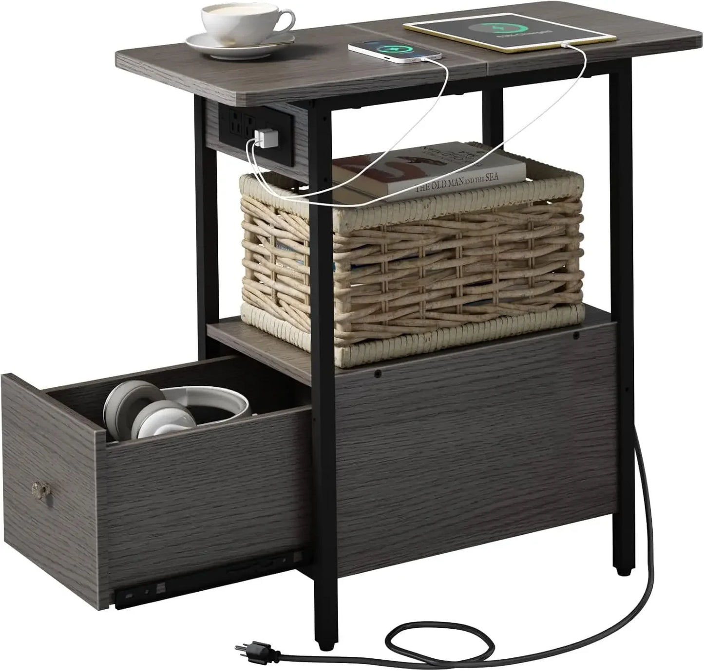 End Table with Charging Station and Spacious Drawer