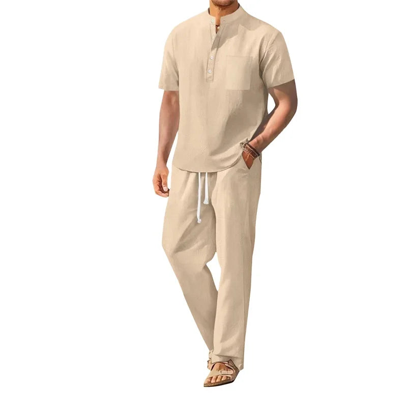 Mens Casual Henley Set With Drawstring Pants Outfit