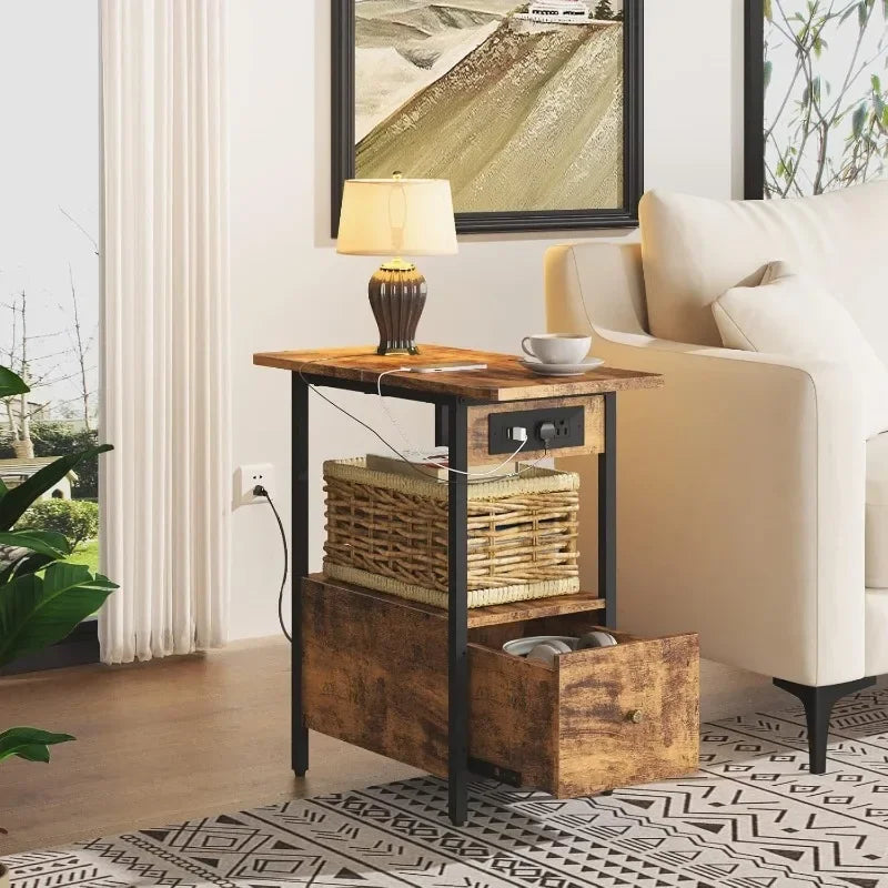 End Table with Charging Station and Spacious Drawer