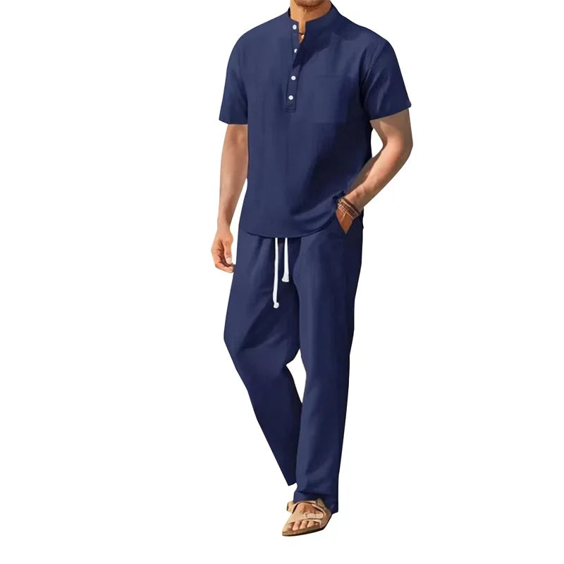 Mens Casual Henley Set With Drawstring Pants Outfit