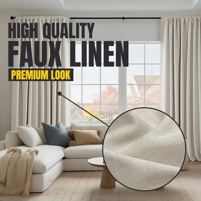 Faux Linen Textured Room Darkening Curtains for Living Room and Bedroom