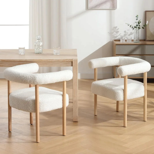 Modern Set of Two White Boucle Upholstered Dining Chairs