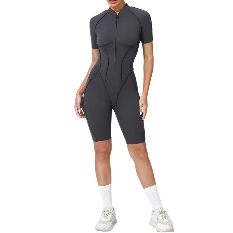 Zipper Short Sleeve Fitness Jumpsuit for Women Gym Workouts