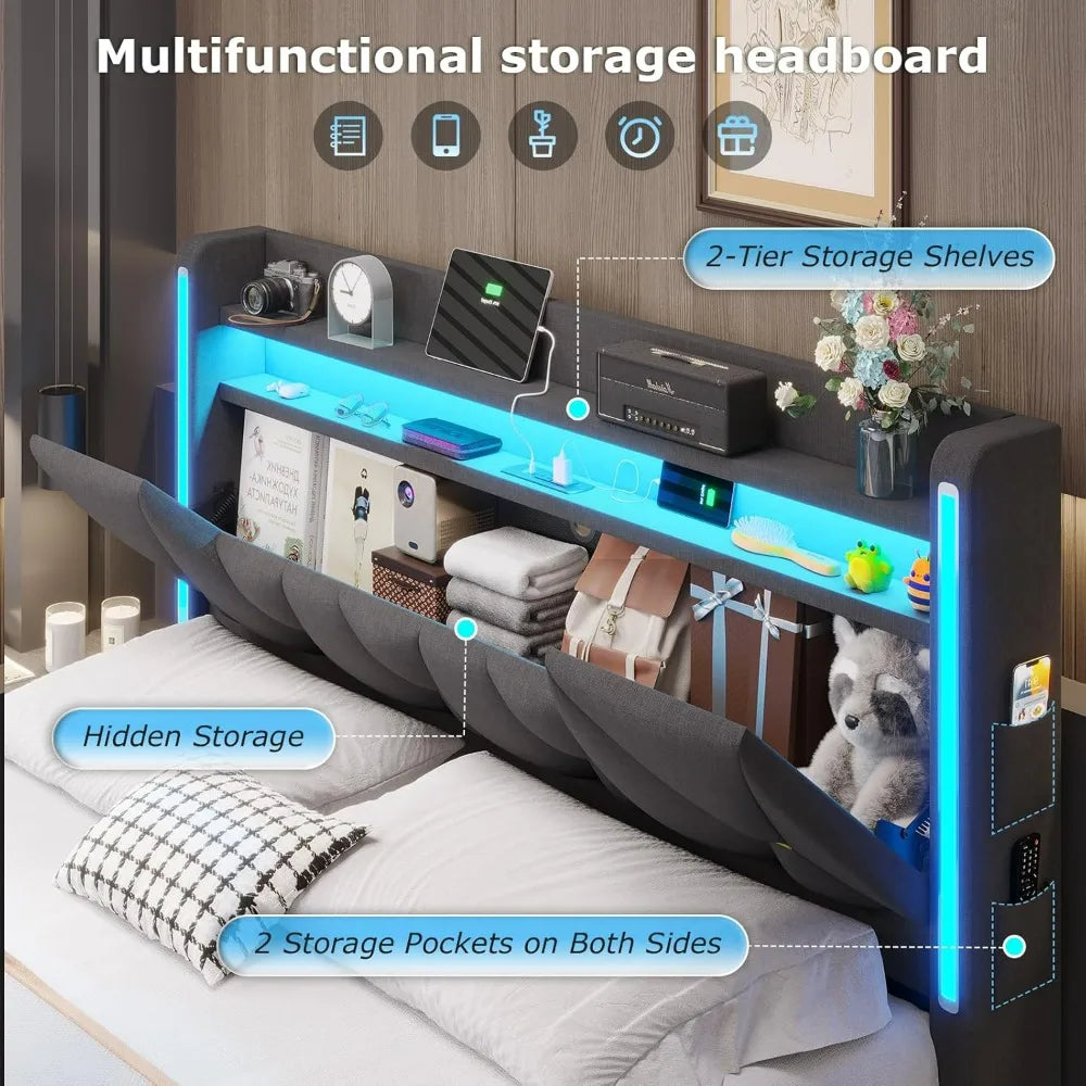 LED Queen Bed Frame with Storage Headboard and LED Lights with Charging Station