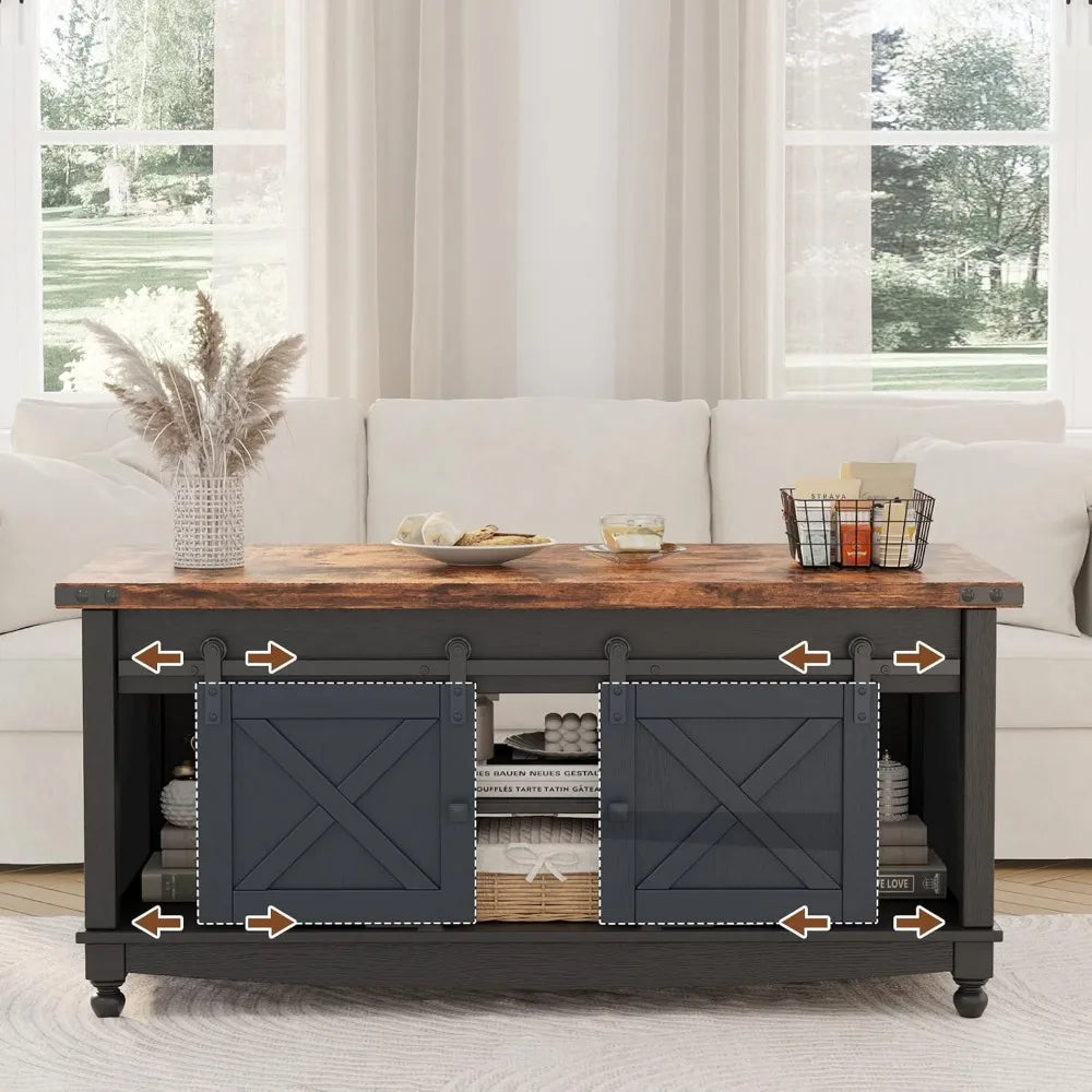 48 Farmhouse Lift Top Coffee Table with Storage Sliding Barn Door and Hidden Compartment