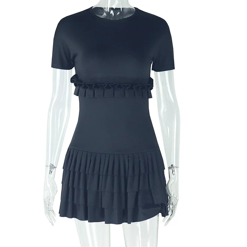 CMYAYA Women Short Sleeve O Neck Ruched Ruffles Mini Dress