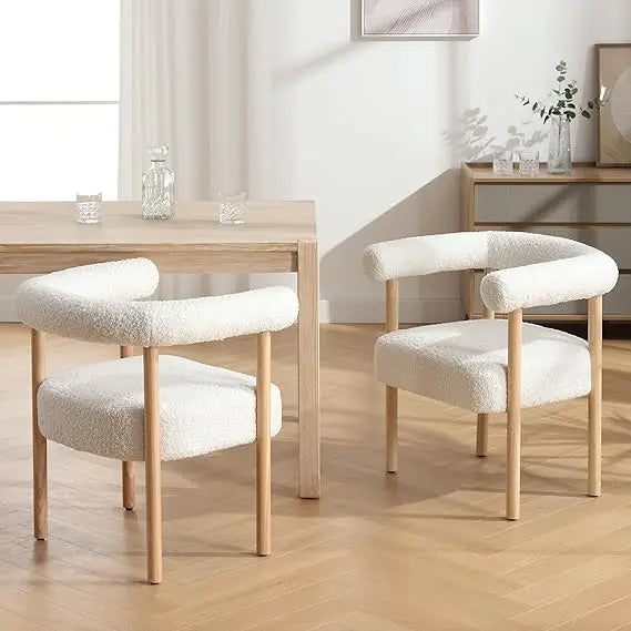 Modern Set of Two White Boucle Upholstered Dining Chairs