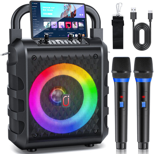 Bluetooth Karaoke Machine with Wireless Microphones and LED Light