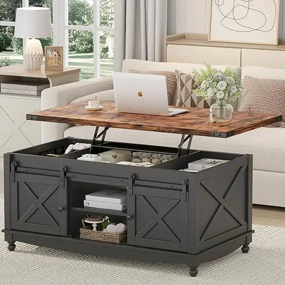 48 Farmhouse Lift Top Coffee Table with Storage Sliding Barn Door and Hidden Compartment