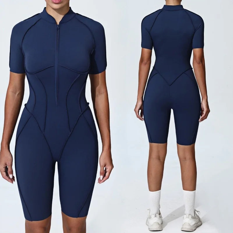 Zipper Short Sleeve Fitness Jumpsuit for Women Gym Workouts