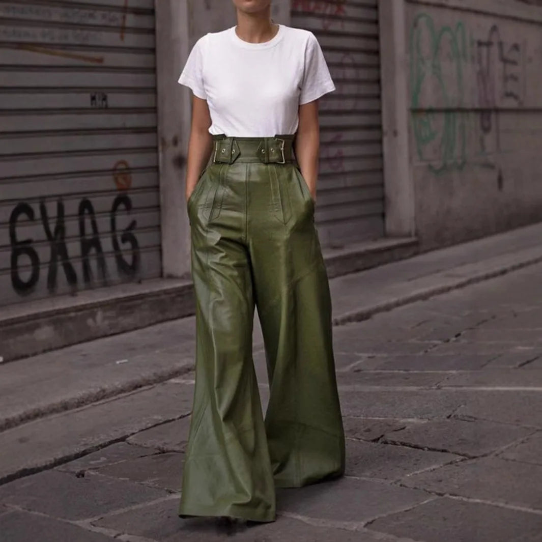 High Waist Wide Leg Leather Pants for Women