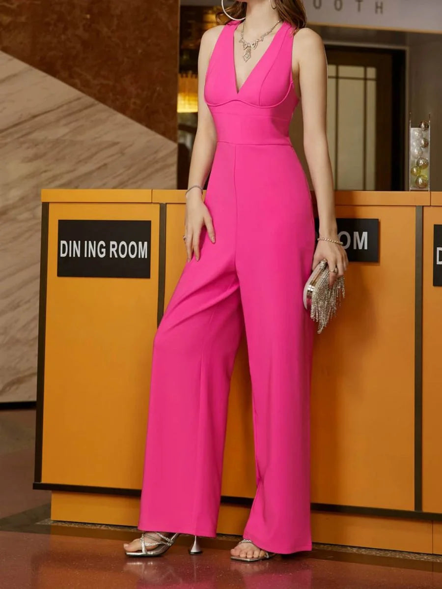 Women's V-neck Lace-up Solid Jumpsuit for Office Style
