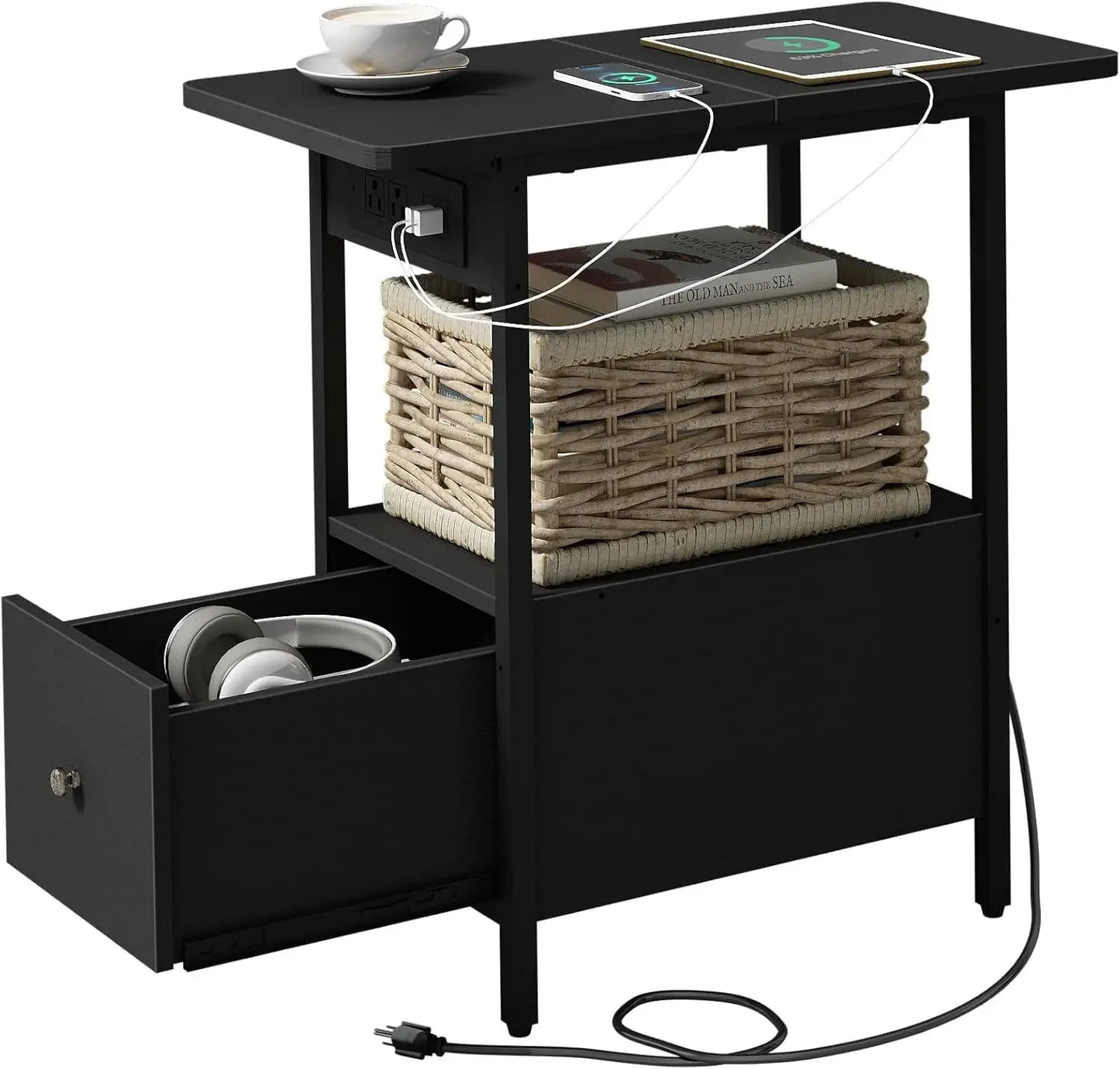 End Table with Charging Station and Spacious Drawer