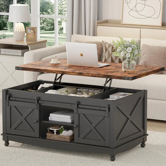 48 Farmhouse Lift Top Coffee Table with Storage Sliding Barn Door and Hidden Compartment