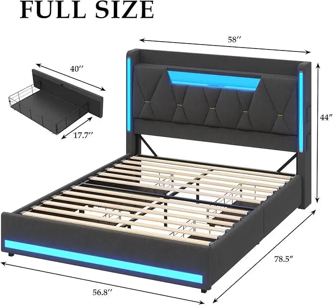LED Queen Bed Frame with Storage Headboard and LED Lights with Charging Station