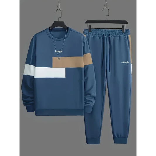 Men's Casual Color Block Sweatshirt and Jogger Pants Set