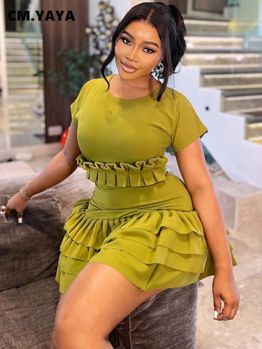 CM.YAYA Women Short Sleeve O-neck Ruffles Ruched Mini Dress 2025 Summer Sweet Girl Stacked Party Evening Night Club Chic Dresses